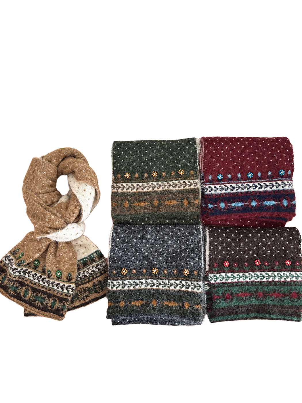 Multiple color variants of a patterned long scarf displayed together, including a looped brown scarf.