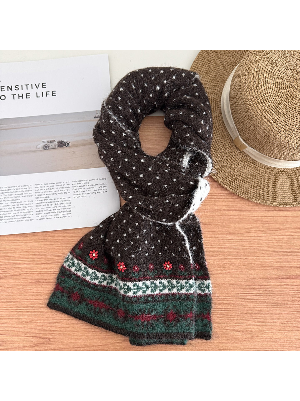 Red Floral scarf with white dot motifs and patterned end bands.