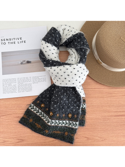 Gray Ochre scarf with ochre floral accents and patterned end bands.
