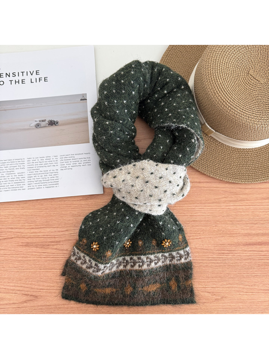 Green Ochre scarf with ochre floral accents and patterned end bands.