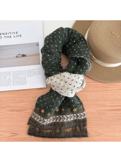 Green Ochre scarf with ochre floral accents and patterned end bands.
