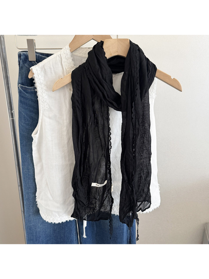 Black crinkled scarf with lace edging, front view