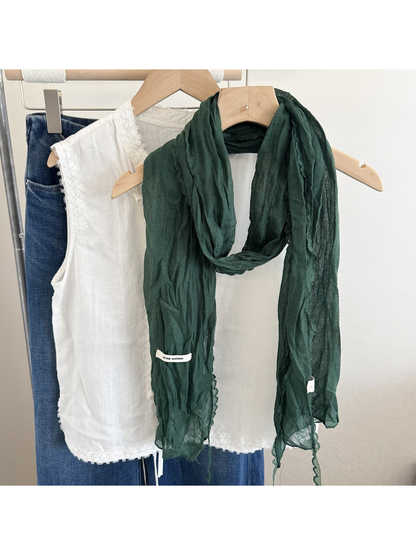 Dark green crinkled scarf with lace edging, front view