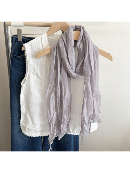Light purple crinkled scarf with lace edging, front view