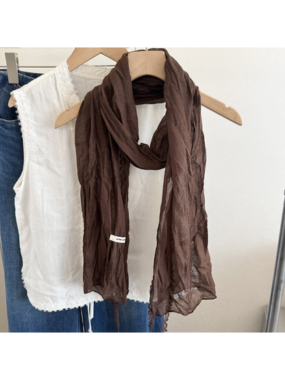 Dark brown crinkled scarf with lace edging, front view