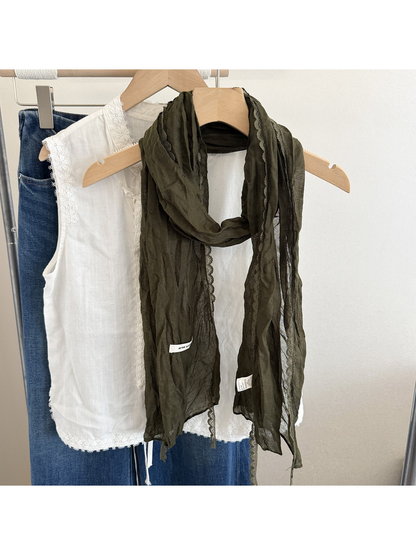 Army green crinkled scarf with lace edging, front view