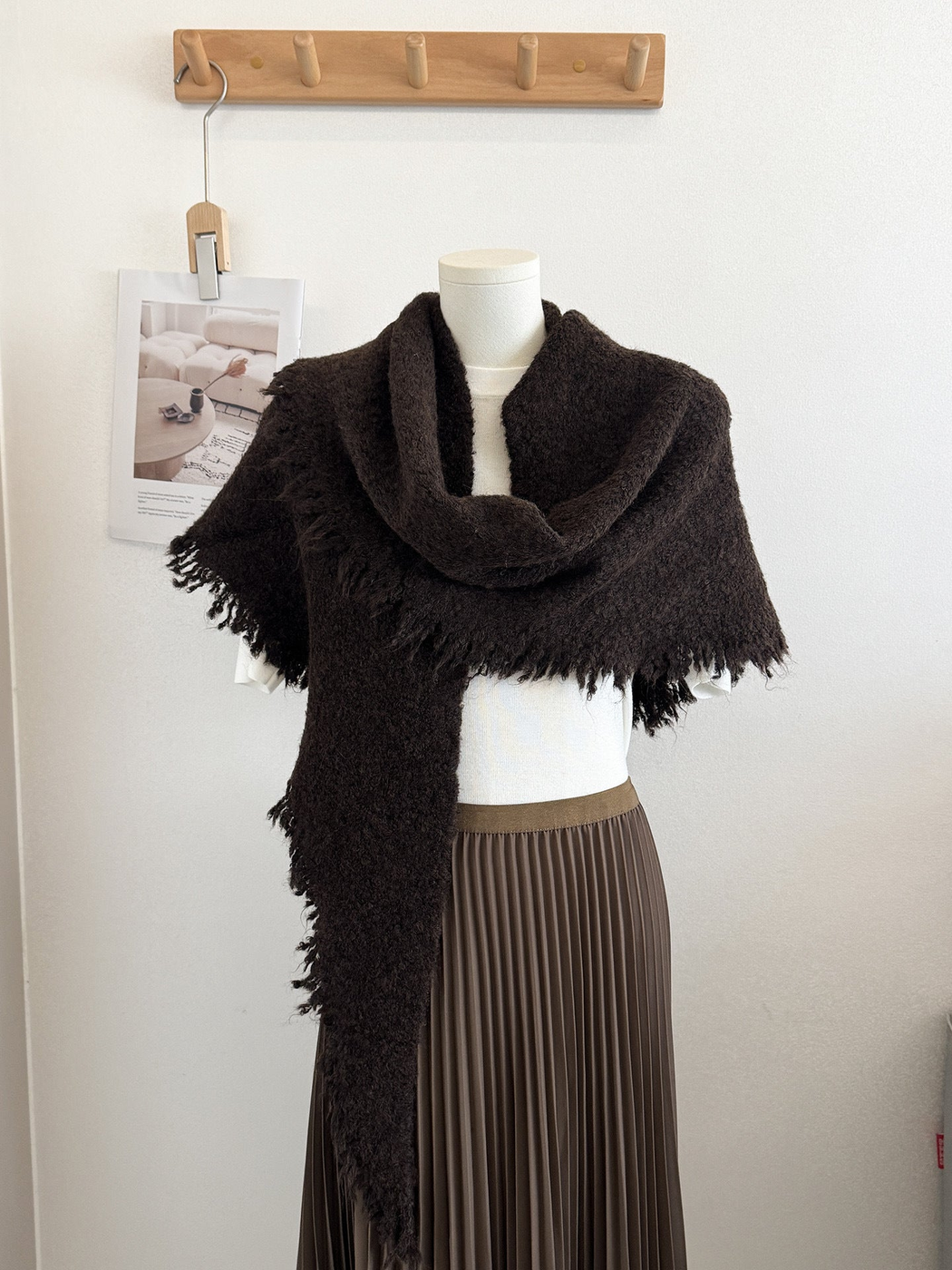 Dark Coffee textured scarf with fringed edges draped on a mannequin
