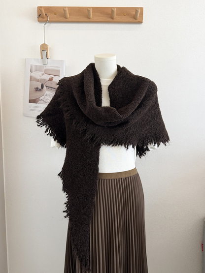 Dark Coffee textured scarf with fringed edges draped on a mannequin
