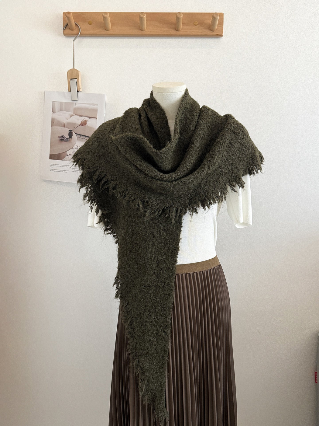 Army Green textured scarf with fringed edges draped on a mannequin