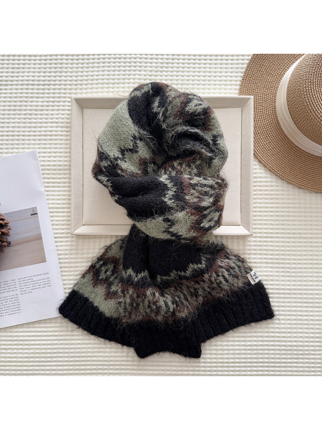 Black Gray patterned scarf in a looped display