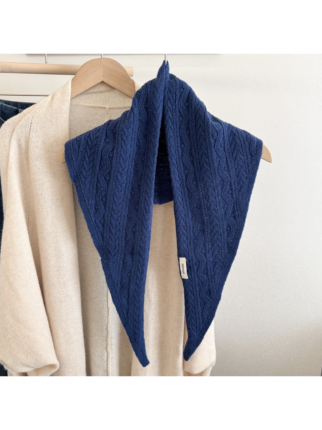 Navy textured triangle scarf displayed front-facing