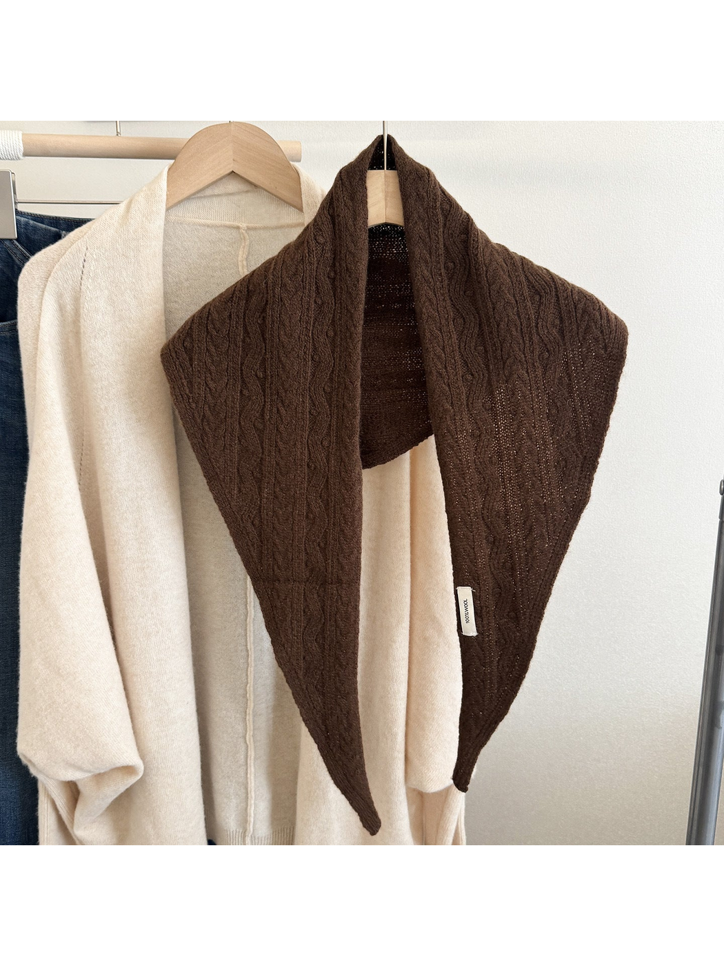 Coffee textured triangle scarf displayed front-facing