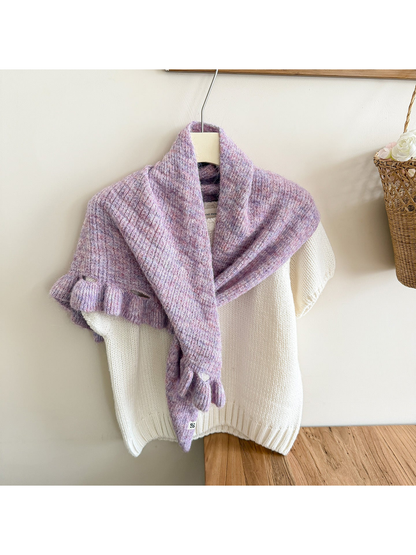 Blush Pink triangle scarf draped over a white sweater