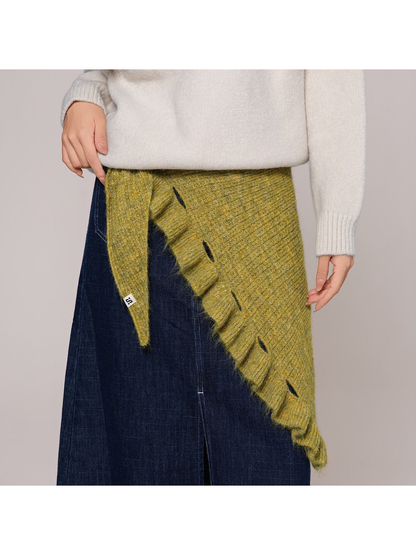 Mustard Yellow triangle scarf tied around the waist over dark denim