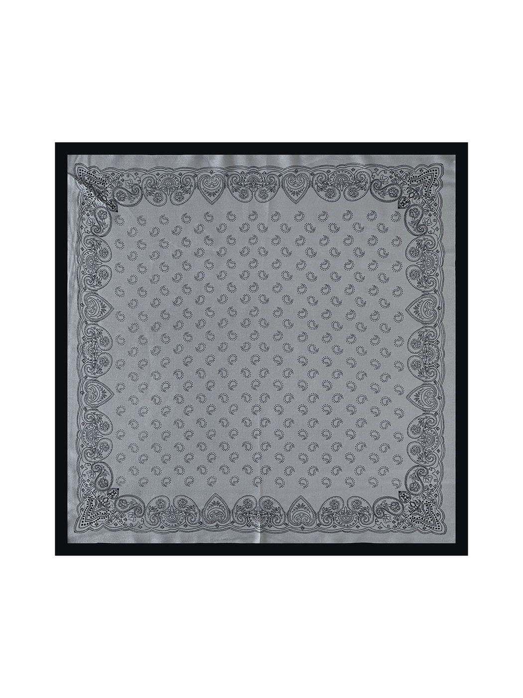 Gray paisley square scarf fully spread to show its ornate border