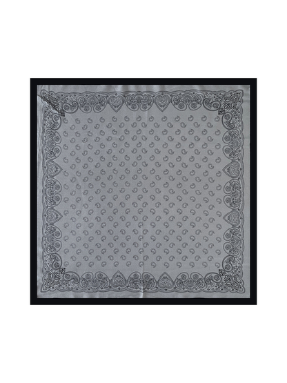 Gray paisley square scarf fully spread to show its ornate border