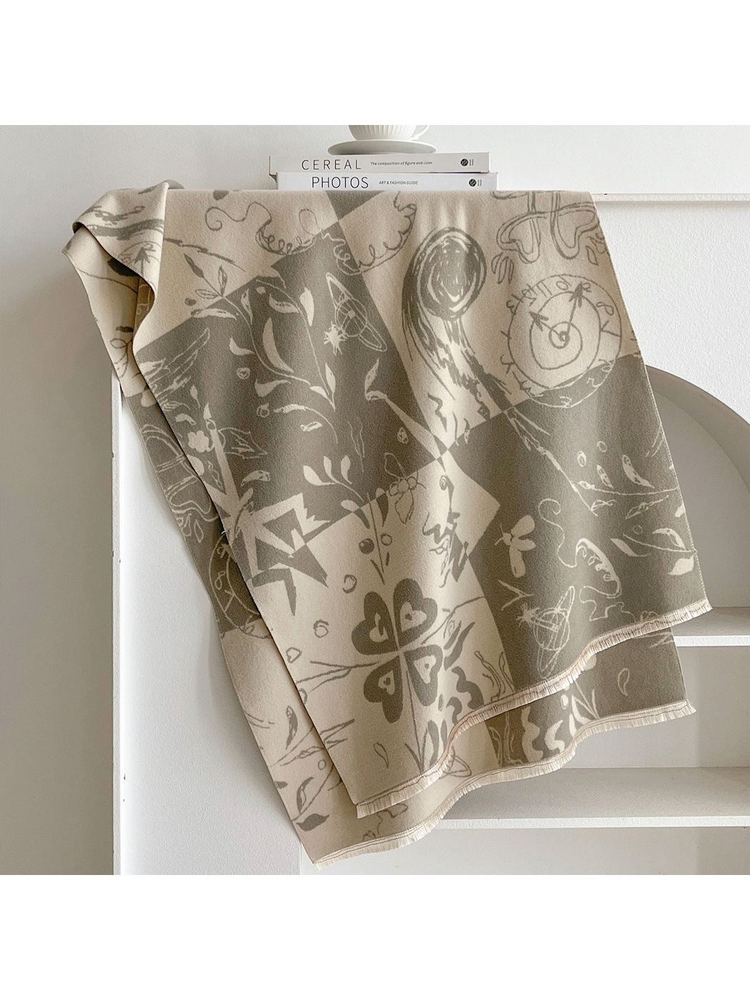 Green / Ivory rectangular scarf with abstract botanical and celestial print and fringed edges