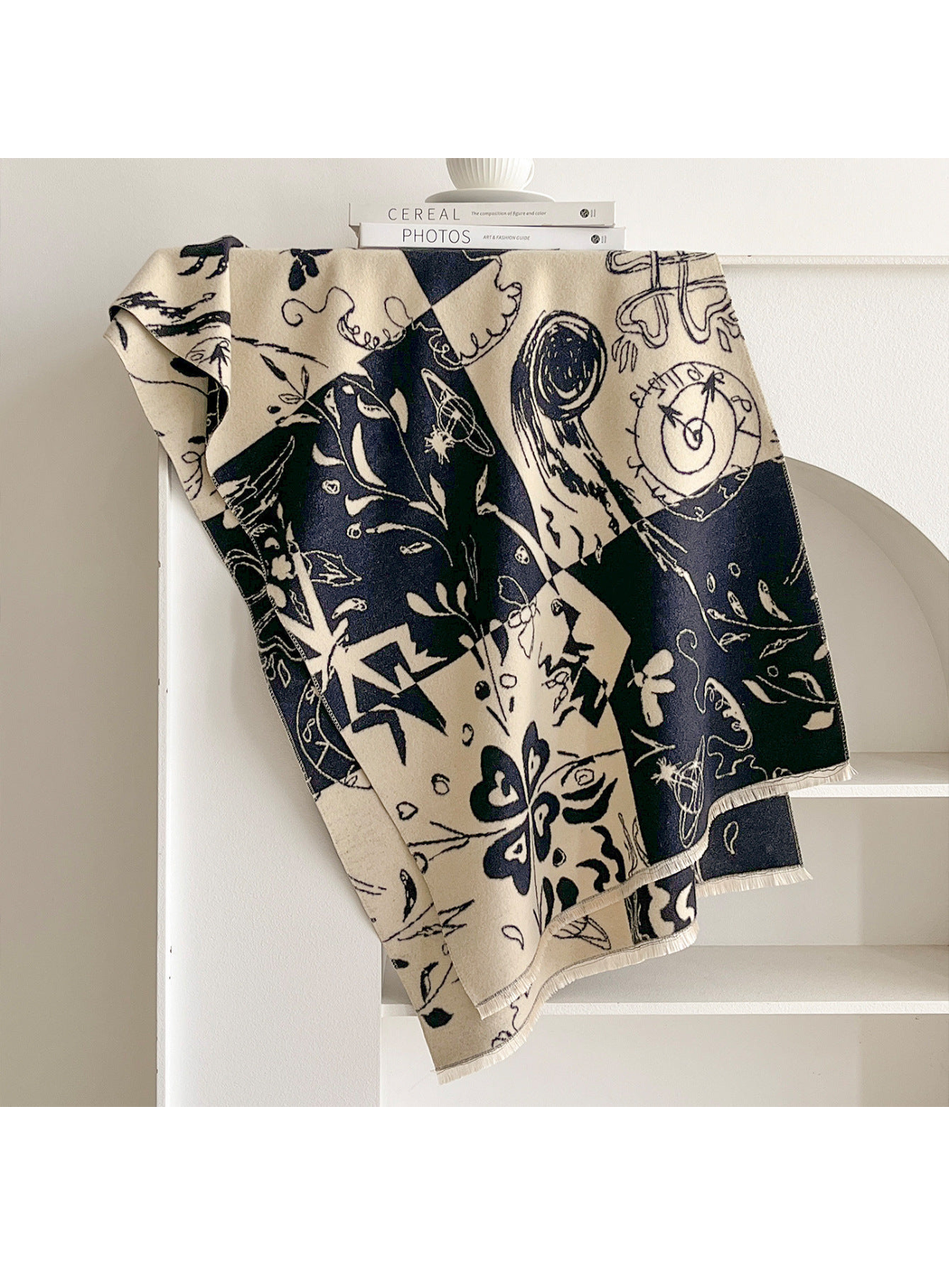 Black / Ivory rectangular scarf with abstract botanical and celestial print and fringed edges