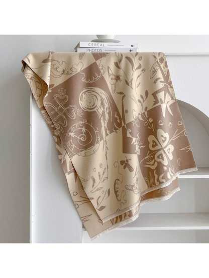 Khaki / Ivory rectangular scarf with abstract botanical and celestial print and fringed edges