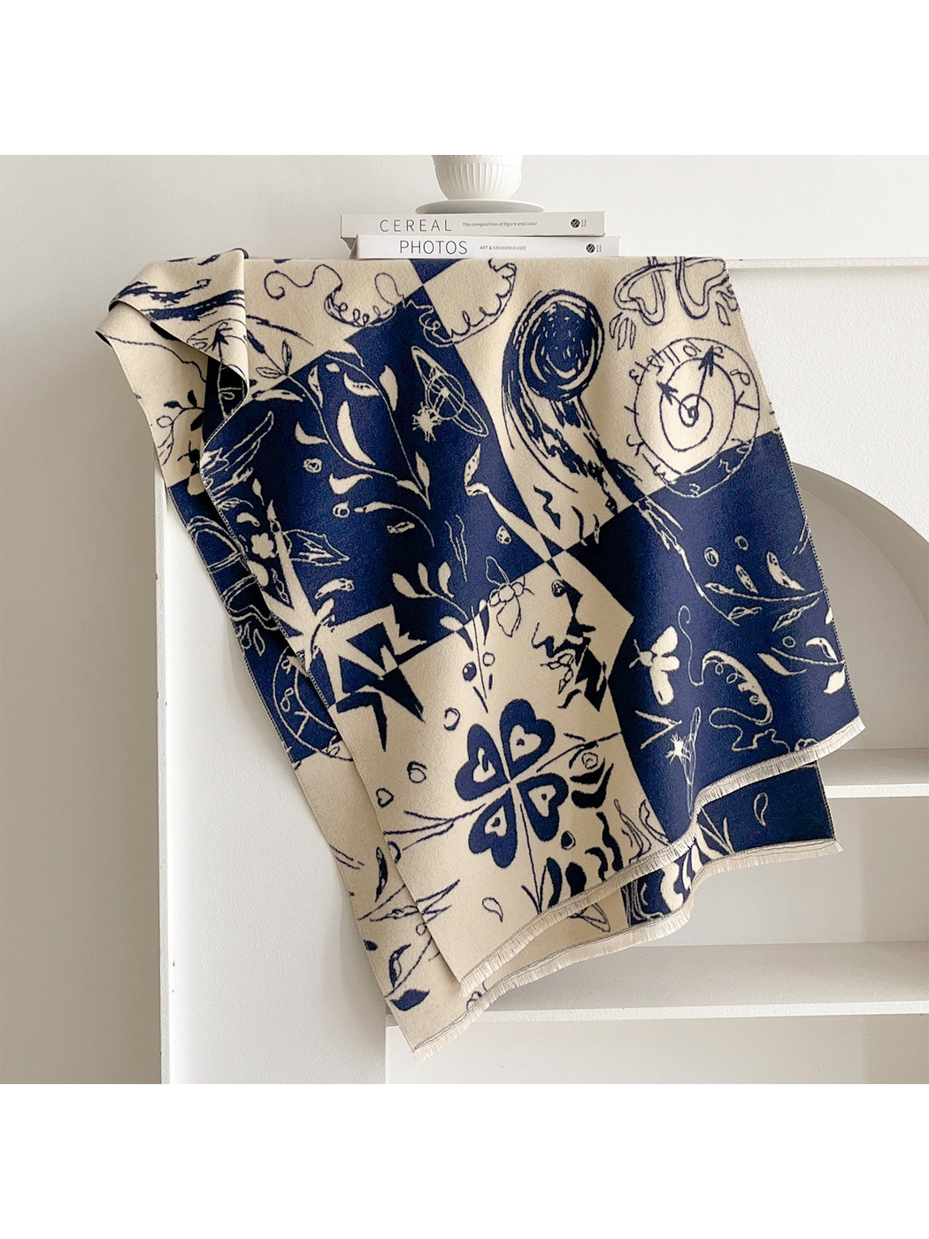 Navy / Ivory rectangular scarf with abstract botanical and celestial print and fringed edges