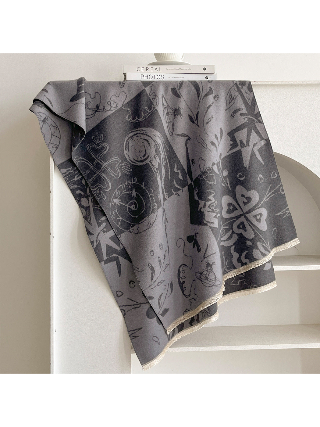 Gray / Ivory rectangular scarf with abstract botanical and celestial print and fringed edges