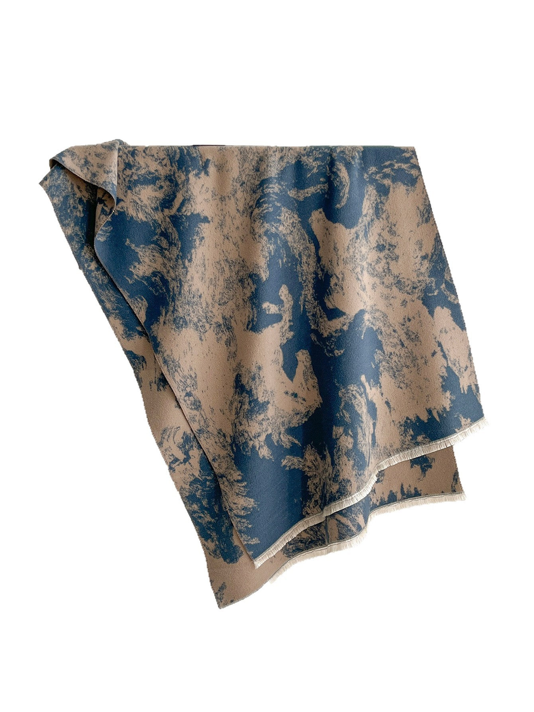 Blue and tan abstract patterned scarf with fringe, full display