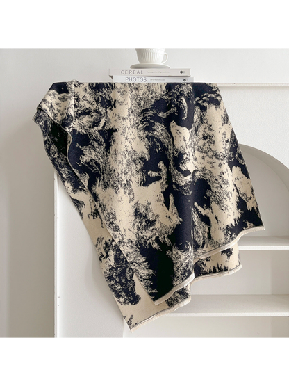 Navy abstract patterned scarf with fringe, full display