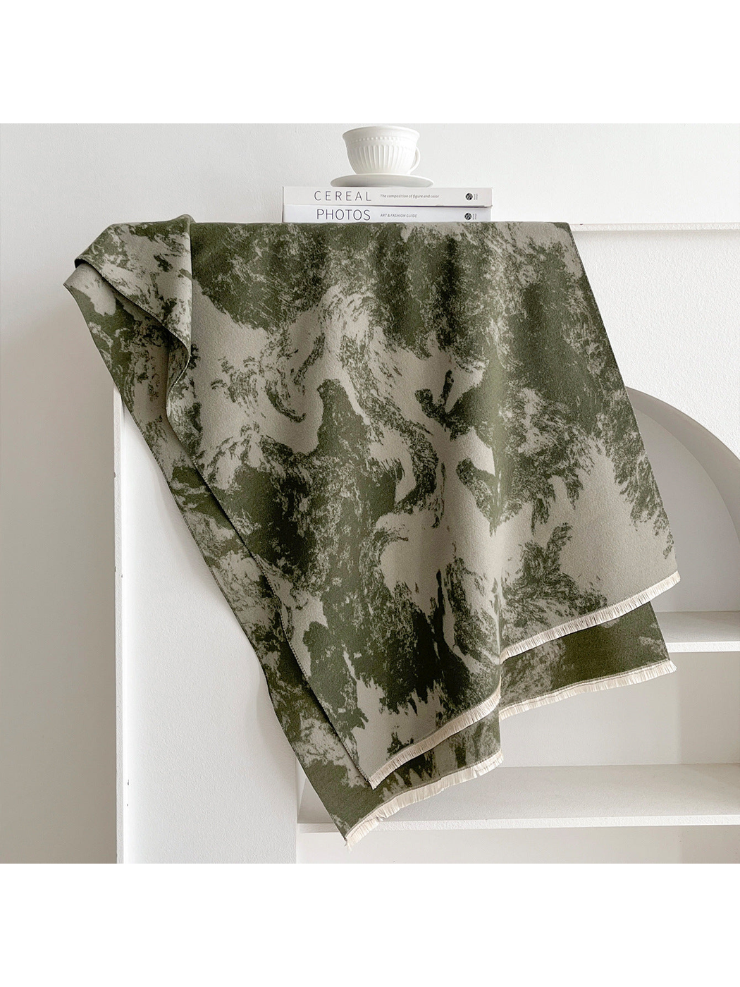Army Green abstract patterned scarf with fringe, full display