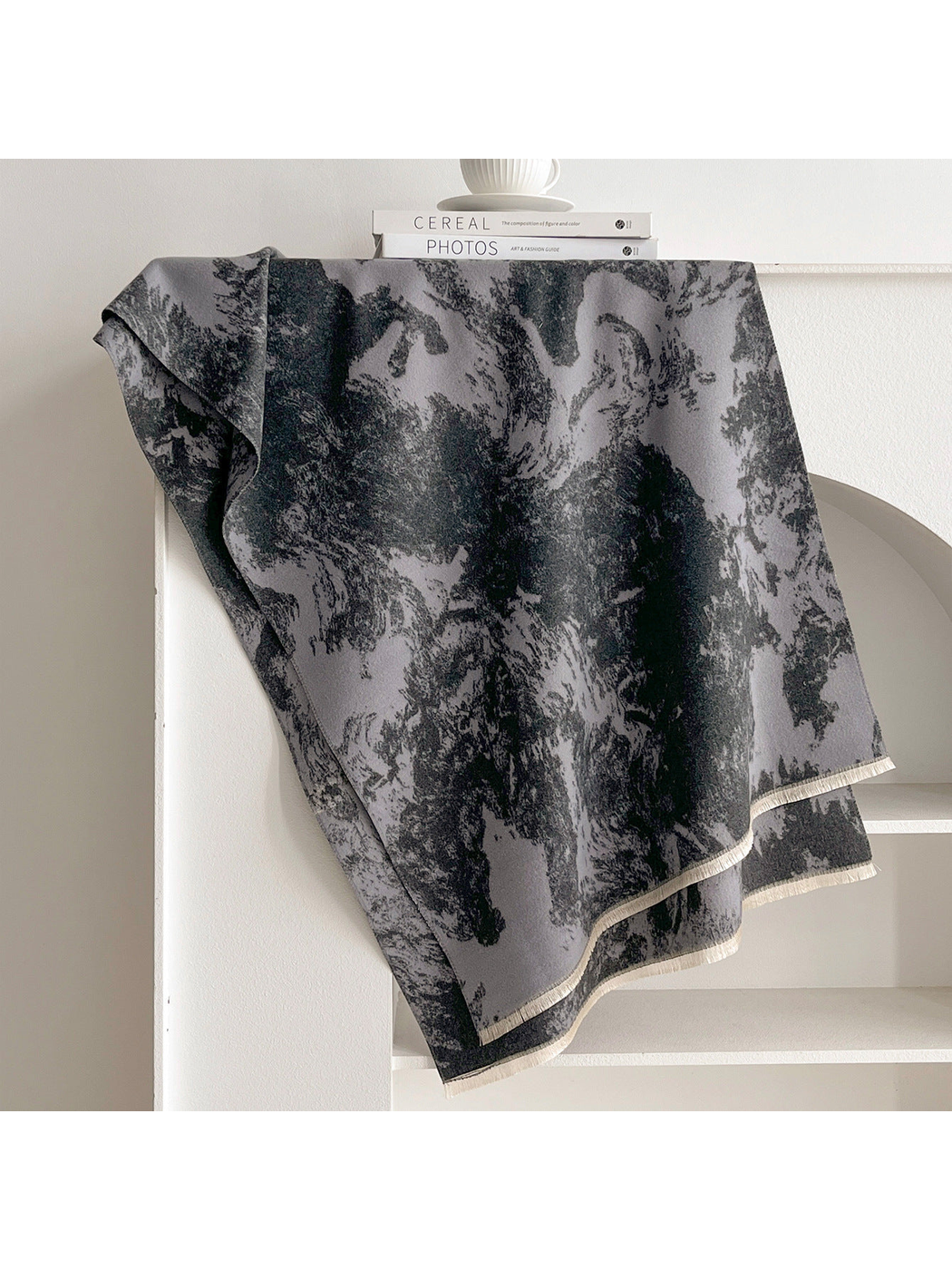 Dark Gray abstract patterned scarf with fringe, full display