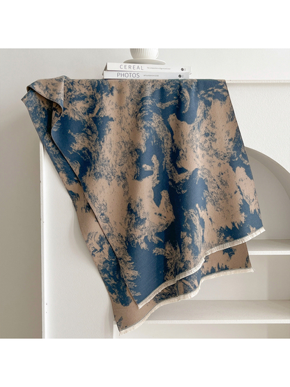 Blue abstract patterned scarf with fringe, full display