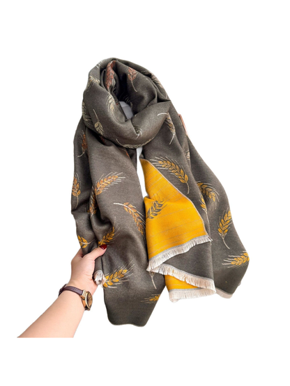 Dark Gray scarf with wheat motifs and a mustard striped reverse