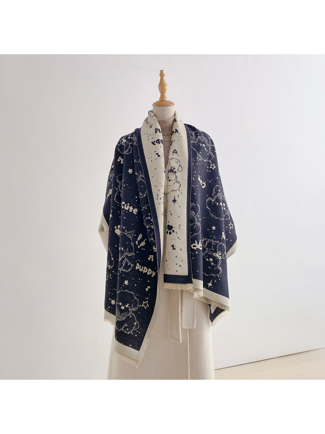 Navy rectangular scarf draped on a mannequin