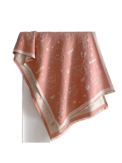 Blush Pink rectangular scarf with teddy bears, stars, bows, music notes, paw prints, and fringed edges