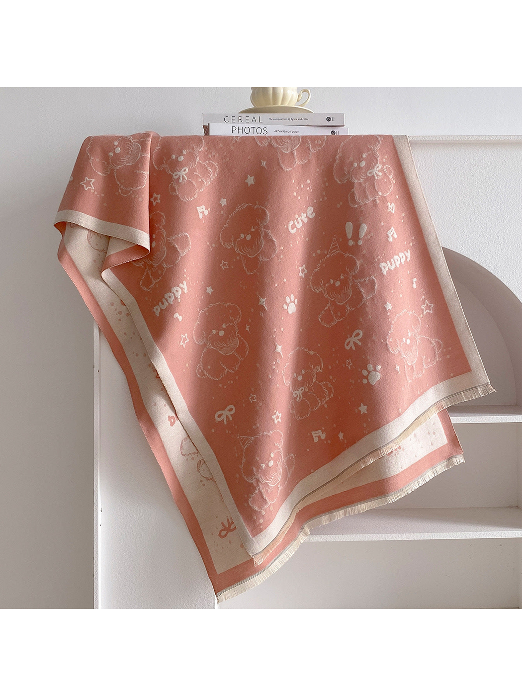 Blush Pink rectangular scarf with teddy bears, stars, bows, music notes, paw prints, and fringed edges