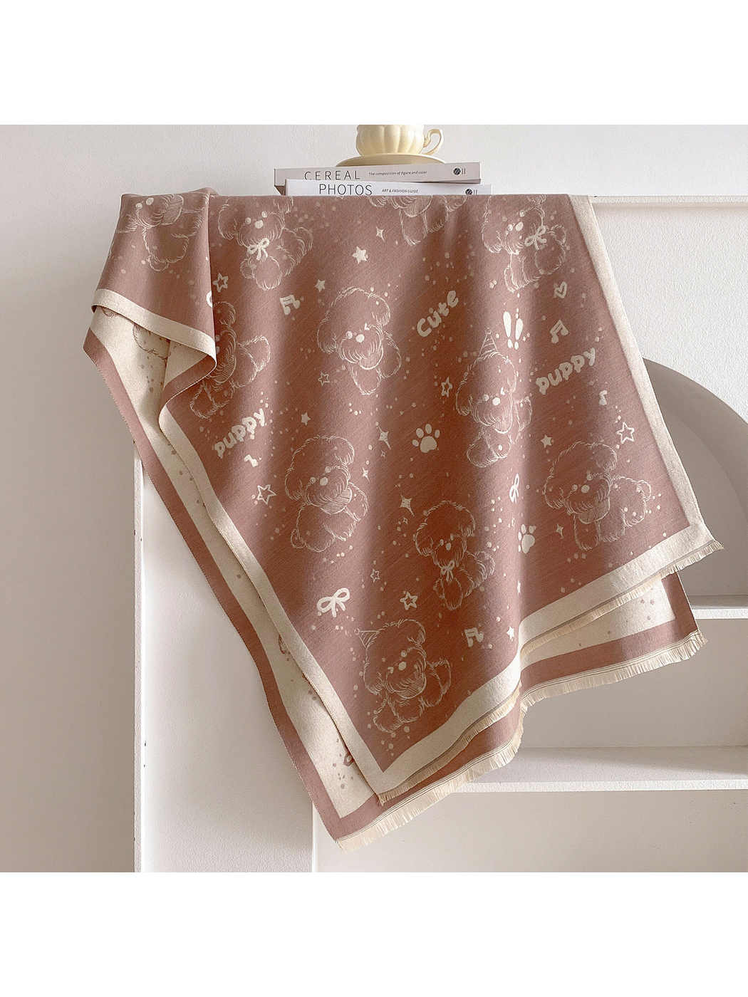 Camel rectangular scarf with teddy bears, stars, bows, music notes, paw prints, and fringed edges
