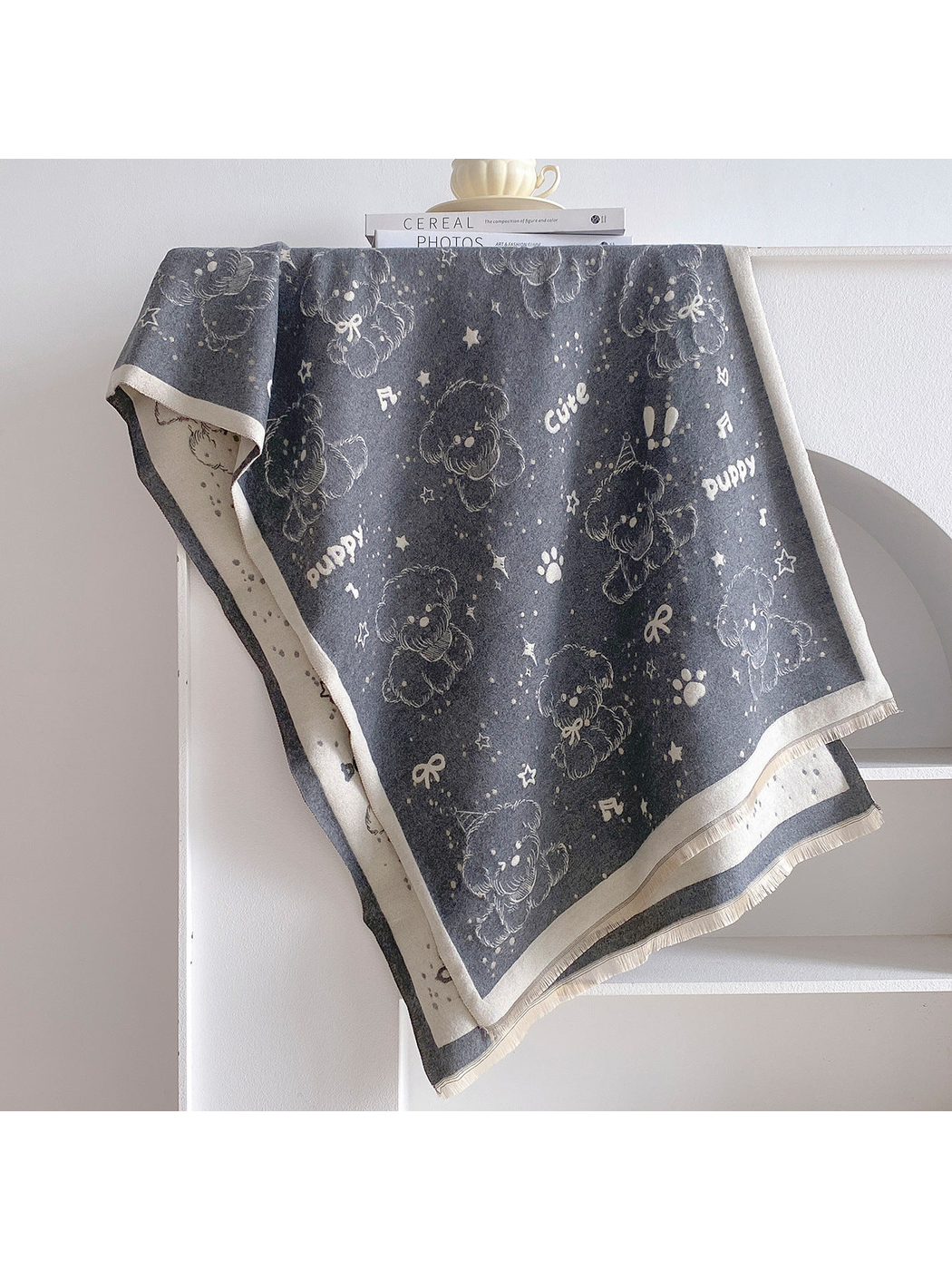 Dark Gray rectangular scarf with teddy bears, stars, bows, music notes, paw prints, and fringed edges