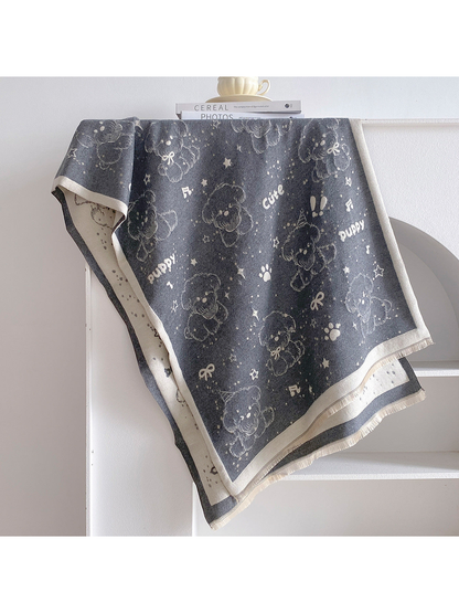 Dark Gray rectangular scarf with teddy bears, stars, bows, music notes, paw prints, and fringed edges