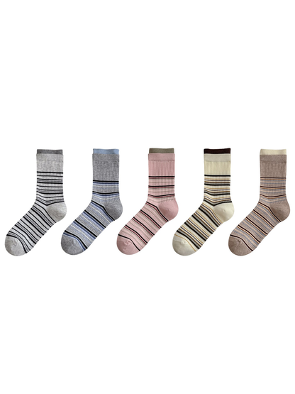 Striped socks in five colorways arranged side by side