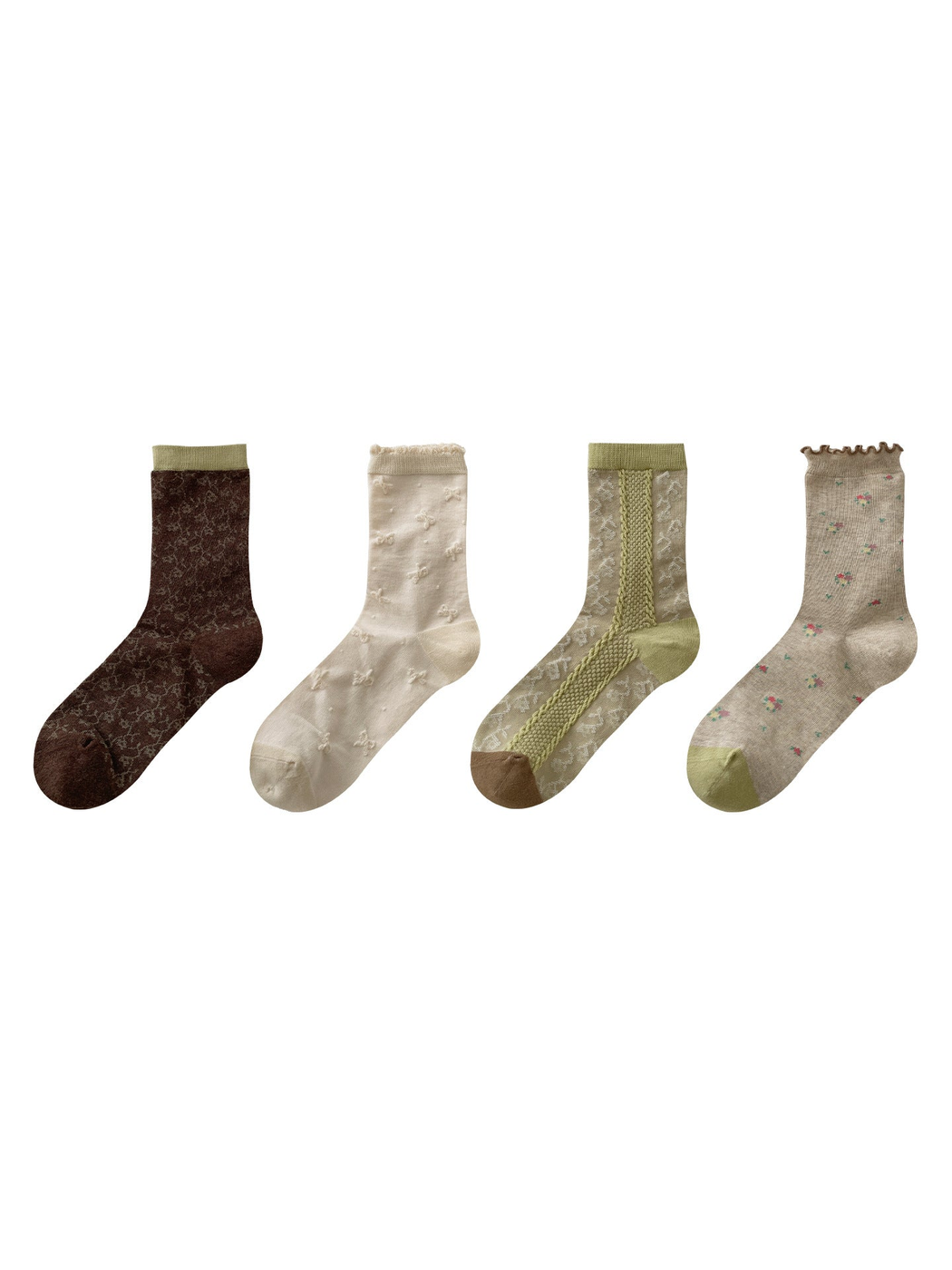Four patterned crew sock styles displayed separately on white