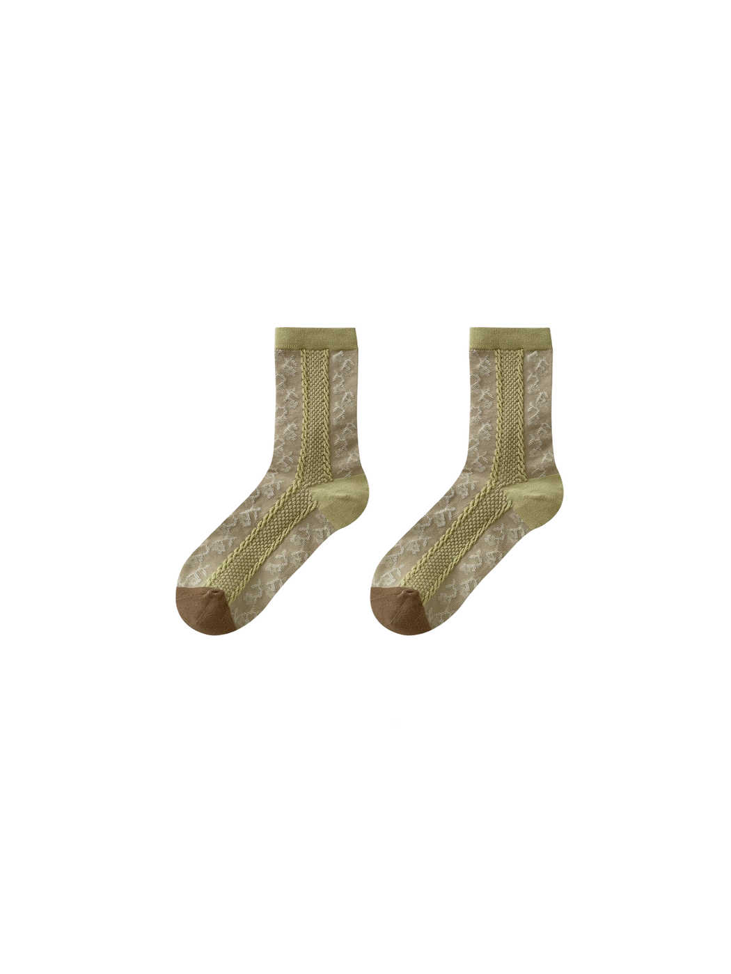 Olive Panel socks in greige with small pale motifs and an olive-green panel extending toward the foot