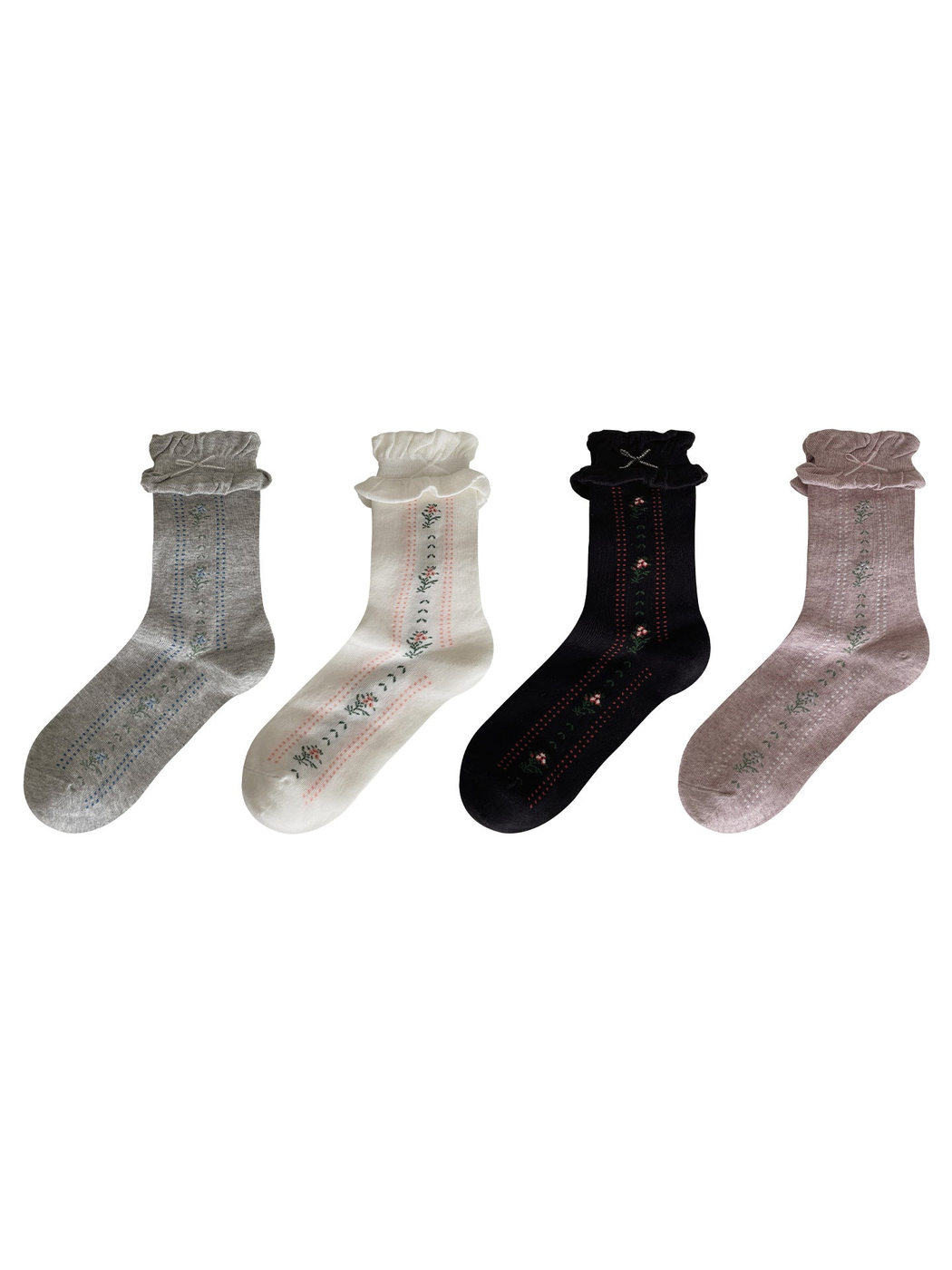 Black, gray, white, and light purple floral socks with dotted stripes displayed together