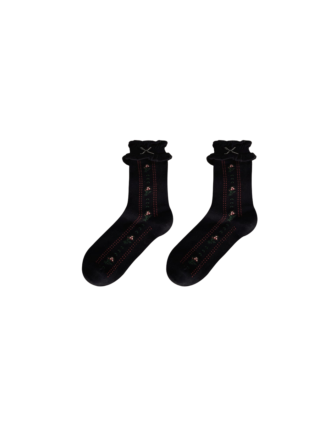 Black socks with floral motifs, dotted stripes, and ruffled cuffs