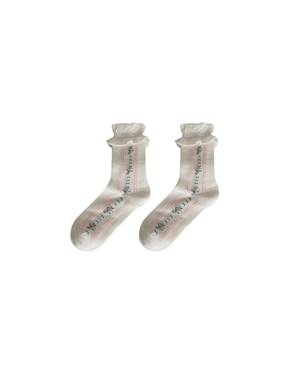 Product image for Rufia - Floral Dot Stripe Mid-Calf-Length Socks (White)
