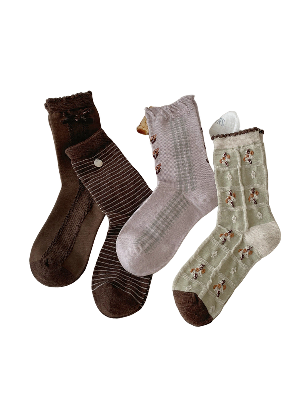 Brown, light purple, mint, and dark brown socks arranged together