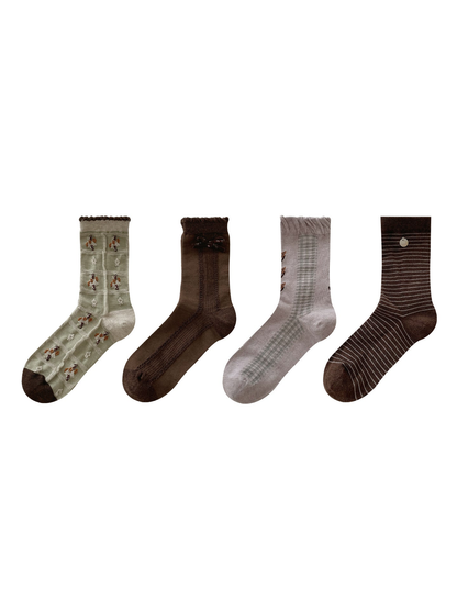 Brown, Light Purple, Mint, and Dark Brown socks displayed together