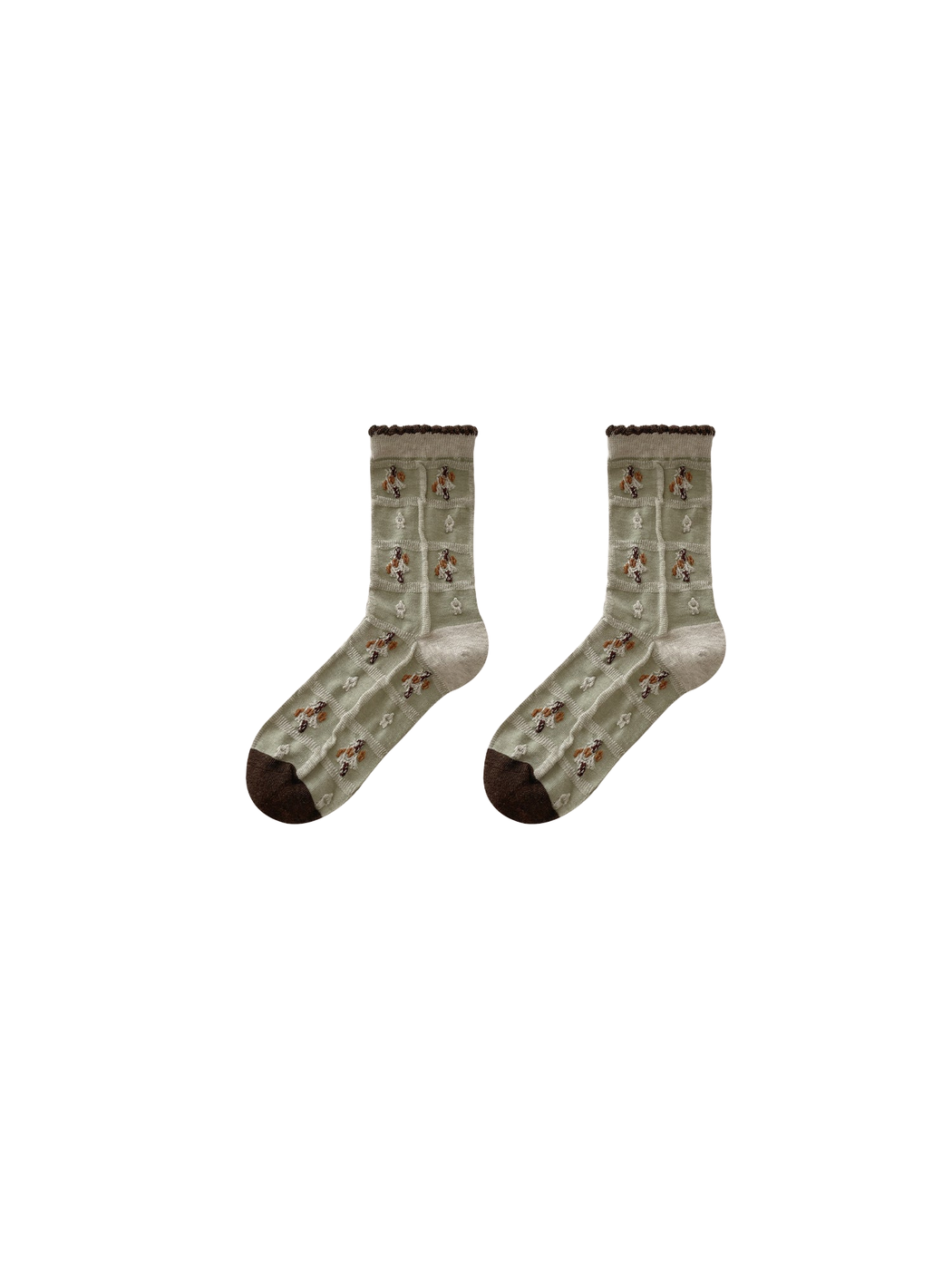 Mint socks with patchwork panels and small motifs