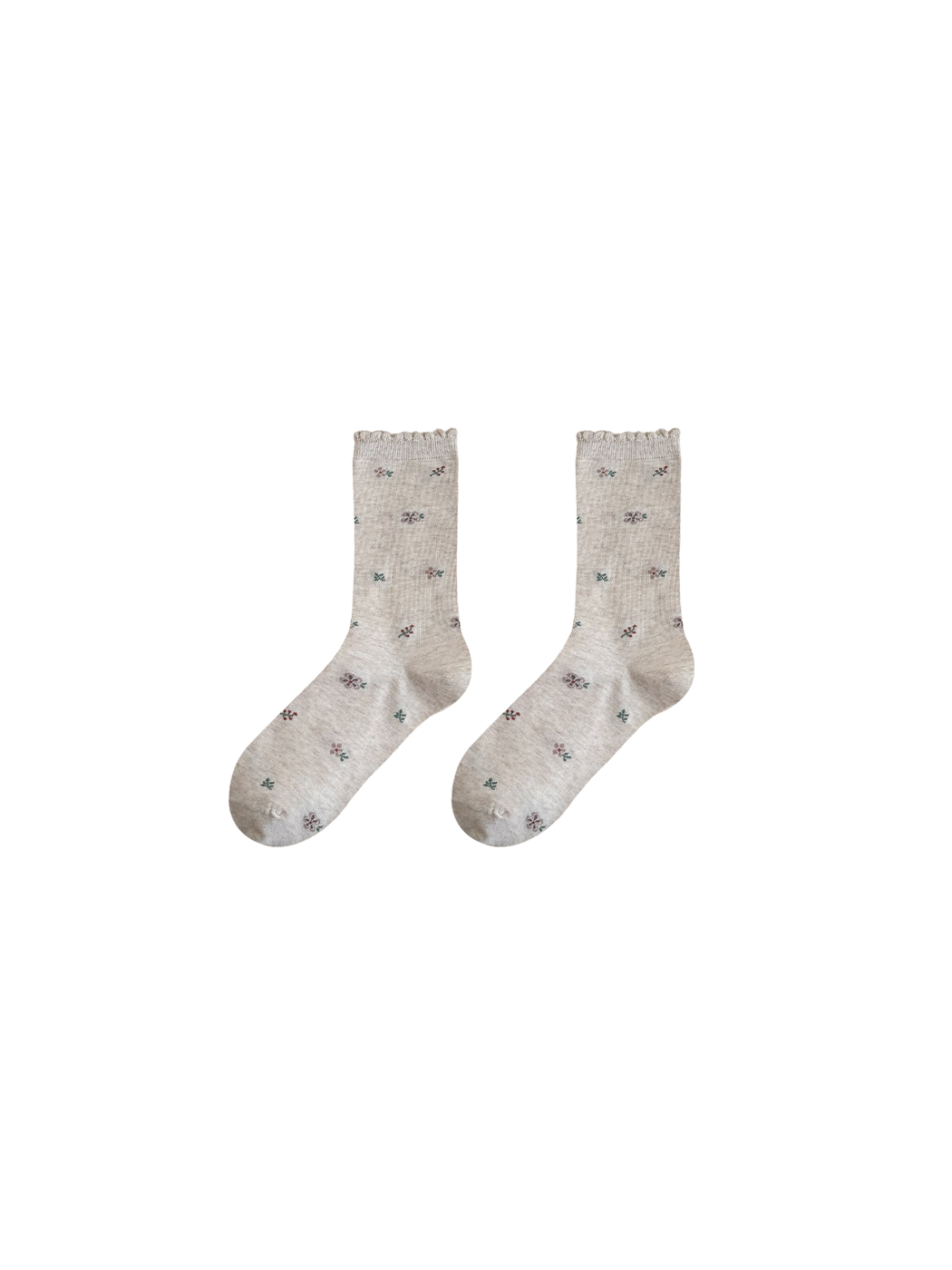 Floral crew socks with scattered floral motifs and a ruffled cuff