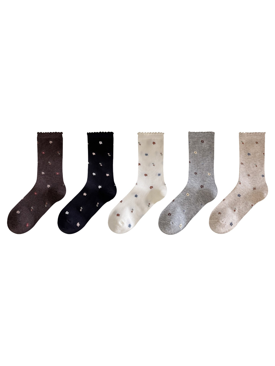 Five floral crew socks in Coffee, Black, Ivory, Light Gray, and Khaki displayed together