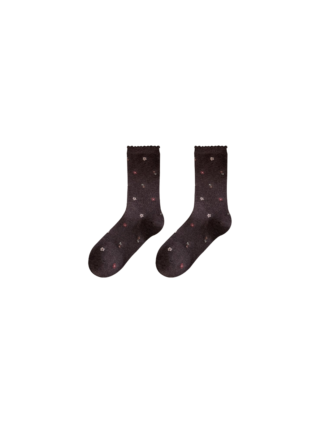 Coffee floral crew socks with scalloped ruffle cuffs, pair display