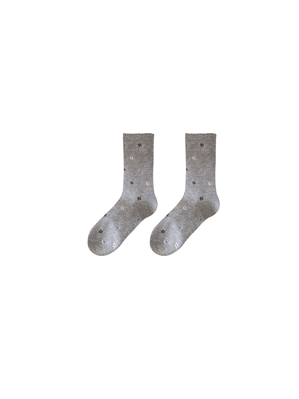 Light Gray floral crew socks with scalloped ruffle cuffs, pair display